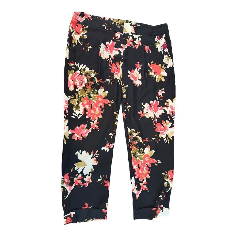 Ann Taylor Loft Marisa womens pants sz 12 petites black floral‎ print